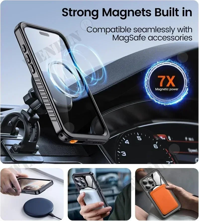 IP68 Waterproof Case for Iphone 17 16 15 Pro Max plus Full Body Protective Cover Swim Underwater Diving Magsafe Magnetic Fundas