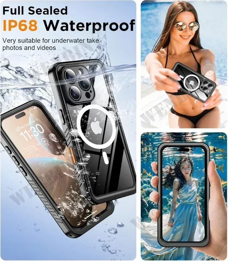 IP68 Waterproof Case for Iphone 17 16 15 Pro Max plus Full Body Protective Cover Swim Underwater Diving Magsafe Magnetic Fundas